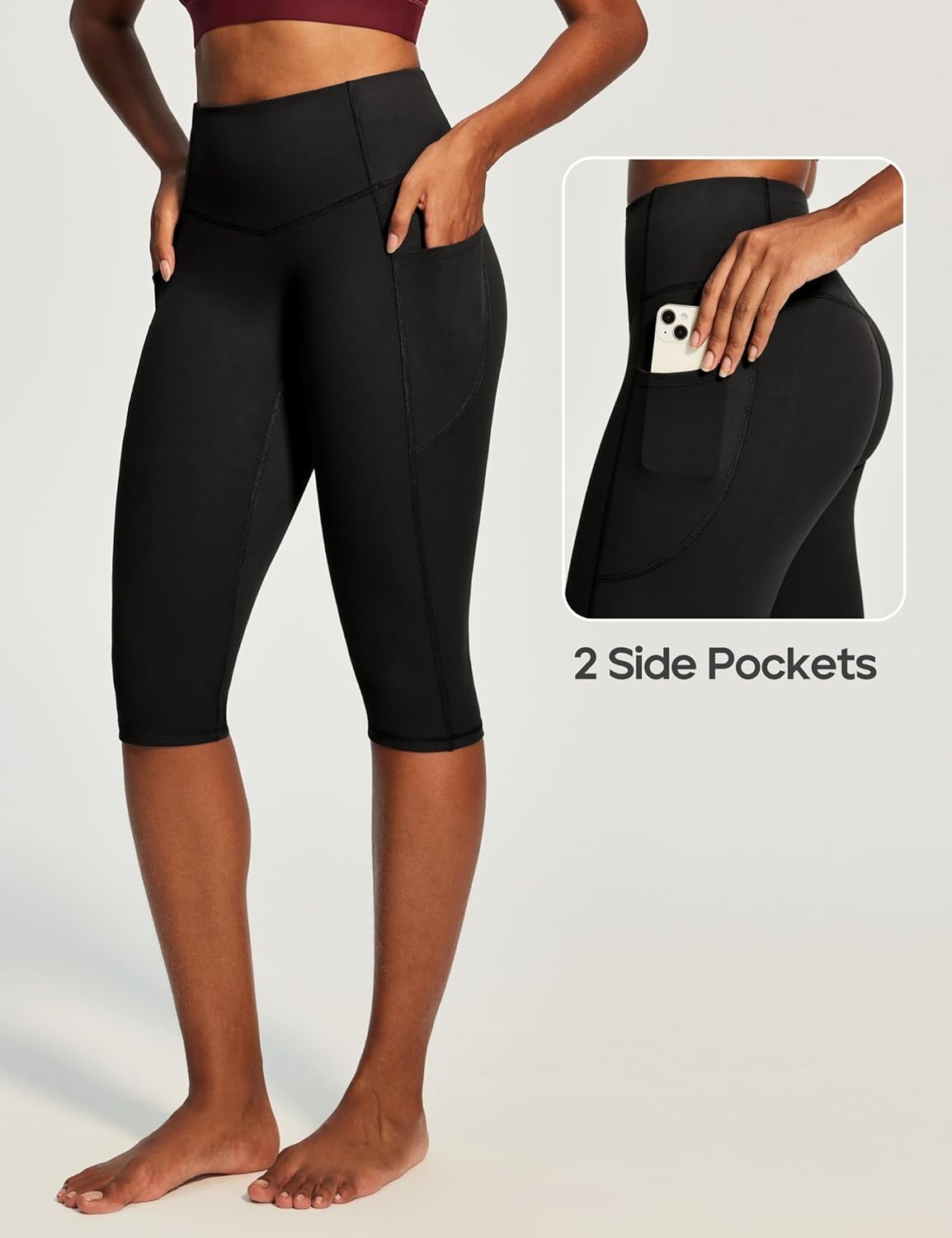 image:imageHeathyoga Capri Leggings with Pockets for Women Tummy Control Knee Length Leggings Yoga Pants Women Capri Pants WorkoutBlack