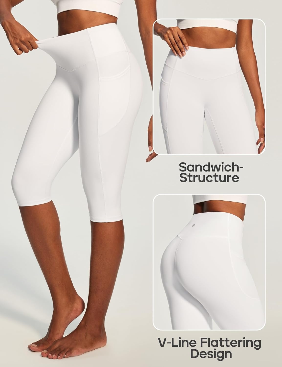 image:imageHeathyoga Capri Leggings with Pockets for Women Tummy Control Knee Length Leggings Yoga Pants Women Capri Pants WorkoutCloudy White