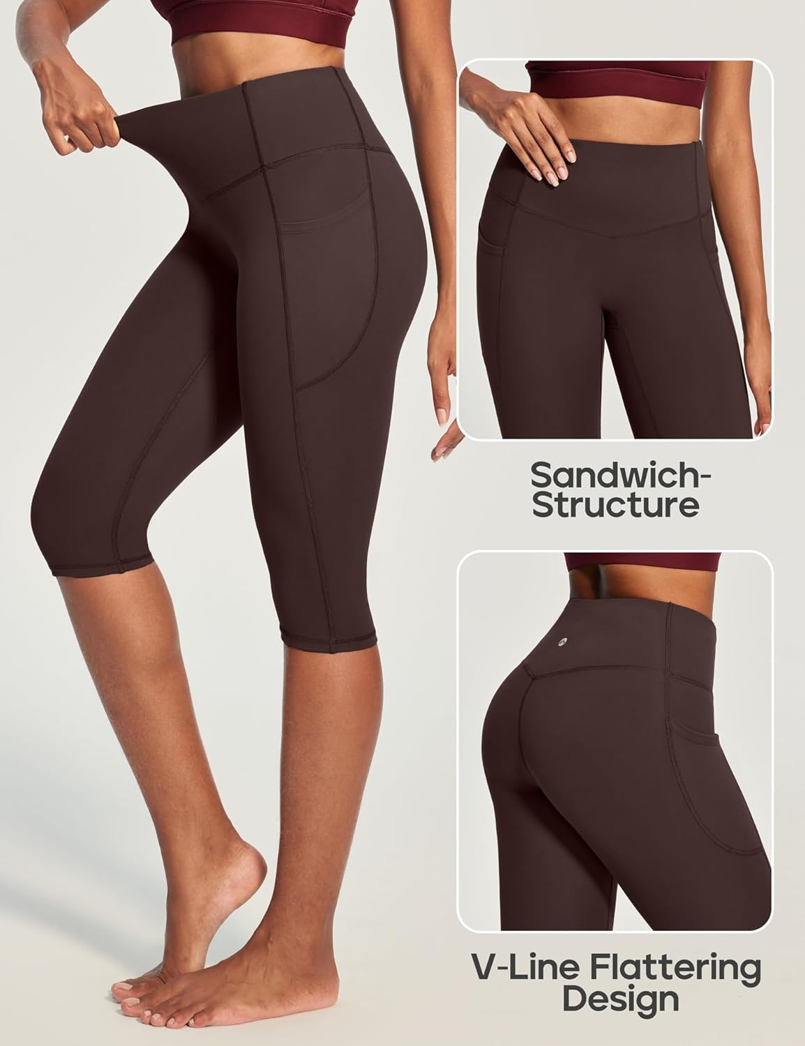 image:imageHeathyoga Capri Leggings with Pockets for Women Tummy Control Knee Length Leggings Yoga Pants Women Capri Pants WorkoutEspresso