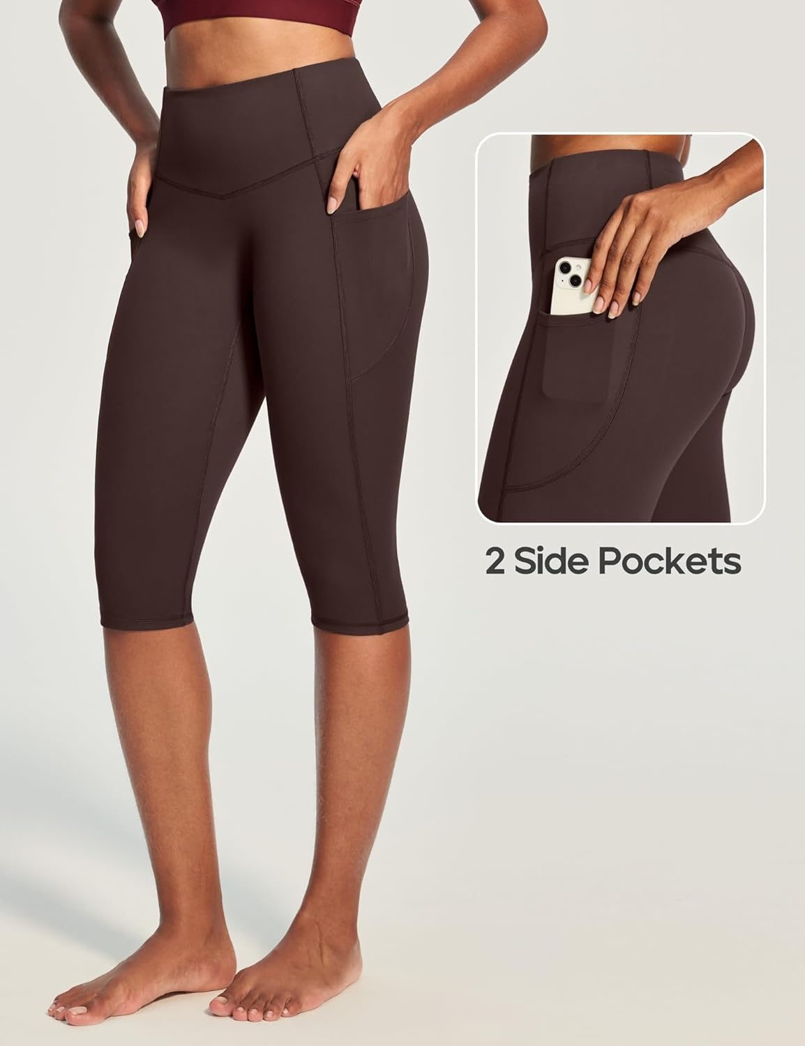 image:imageHeathyoga Capri Leggings with Pockets for Women Tummy Control Knee Length Leggings Yoga Pants Women Capri Pants WorkoutEspresso