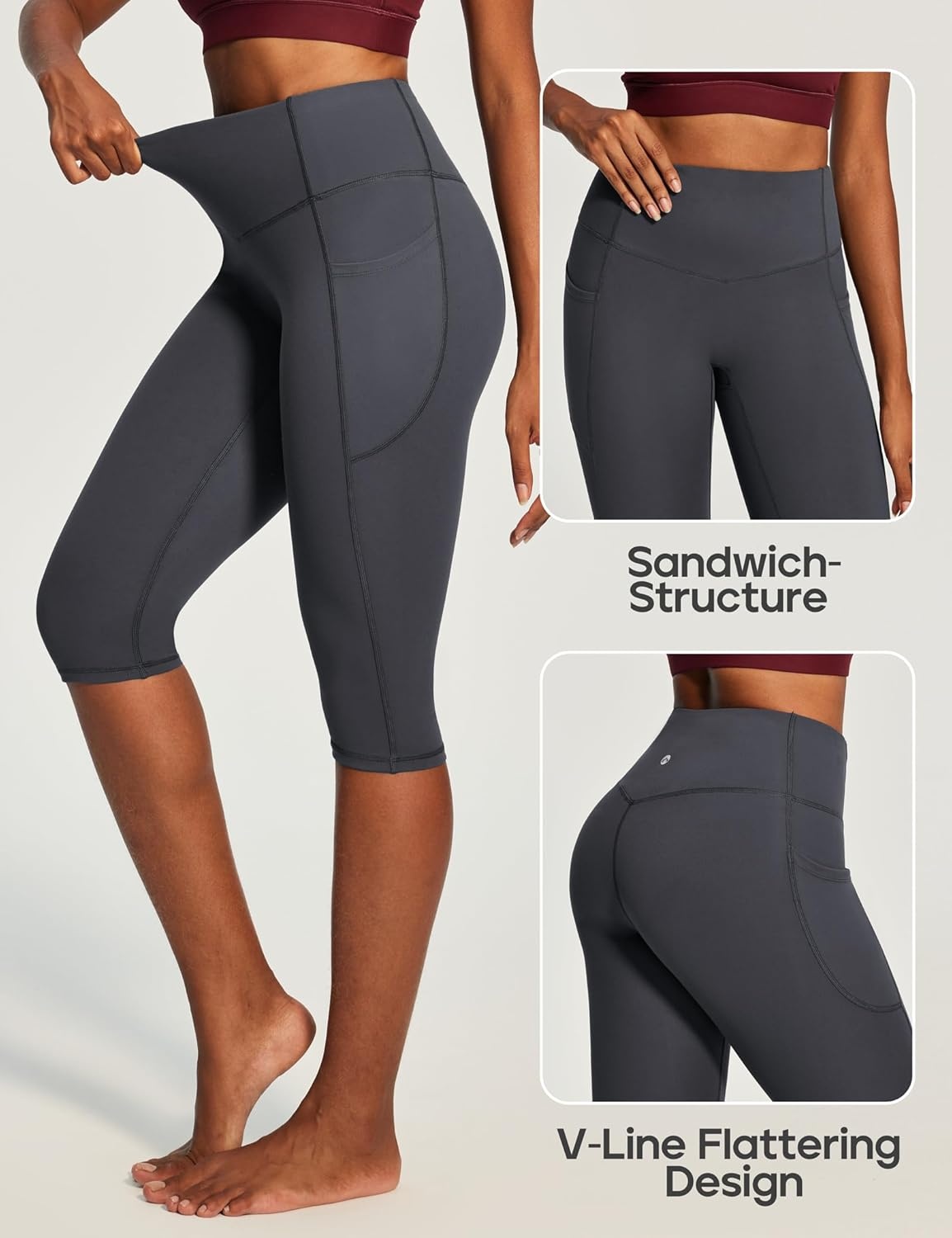 image:imageHeathyoga Capri Leggings with Pockets for Women Tummy Control Knee Length Leggings Yoga Pants Women Capri Pants WorkoutGrey