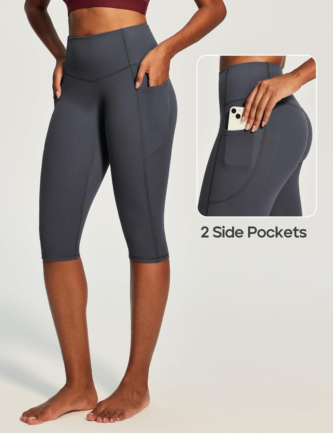 image:imageHeathyoga Capri Leggings with Pockets for Women Tummy Control Knee Length Leggings Yoga Pants Women Capri Pants WorkoutGrey