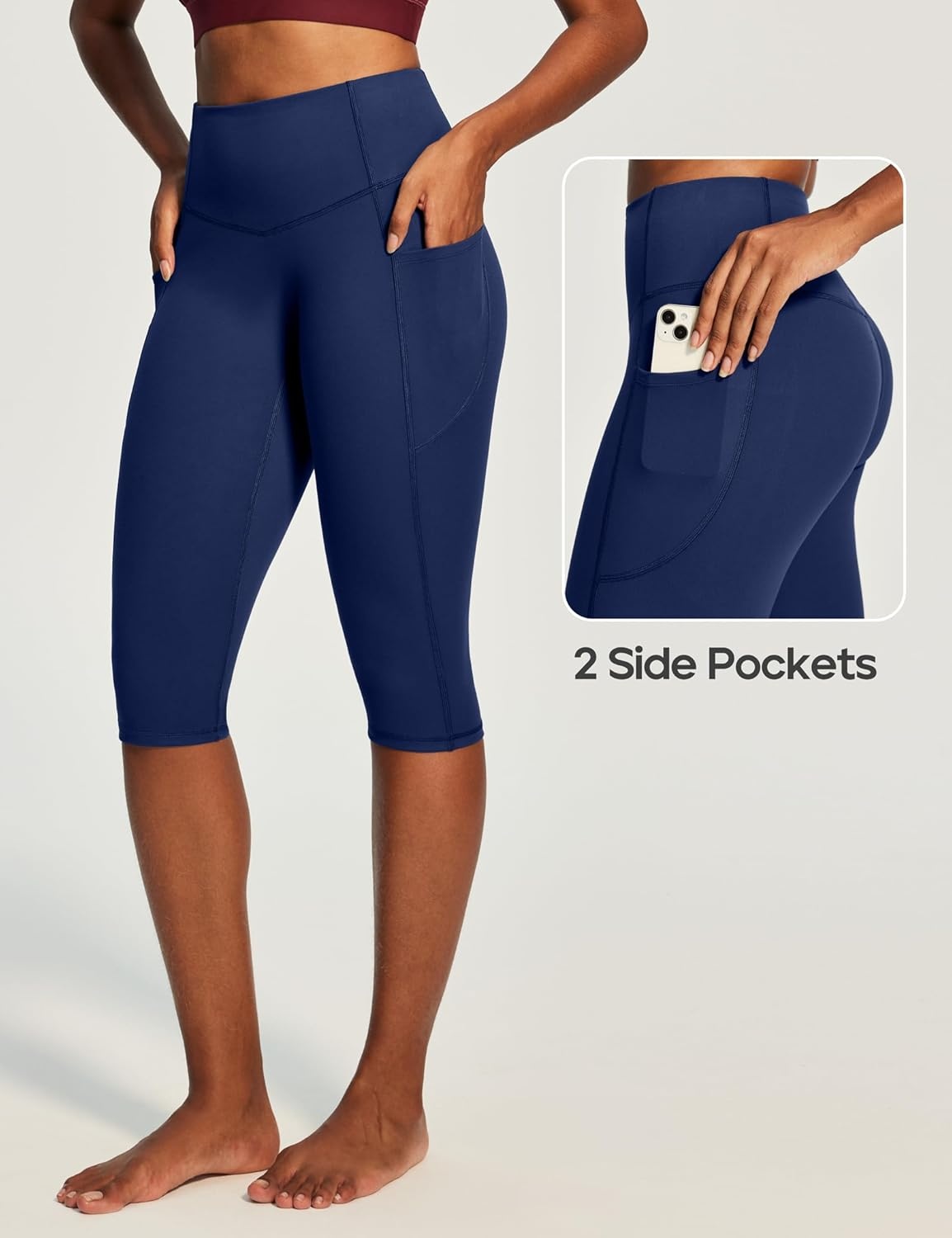 image:imageHeathyoga Capri Leggings with Pockets for Women Tummy Control Knee Length Leggings Yoga Pants Women Capri Pants WorkoutNavy Blue