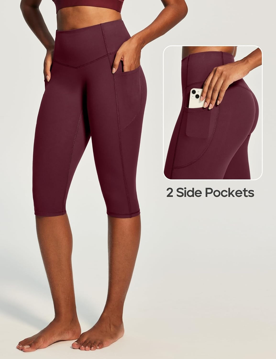 image:imageHeathyoga Capri Leggings with Pockets for Women Tummy Control Knee Length Leggings Yoga Pants Women Capri Pants WorkoutWine