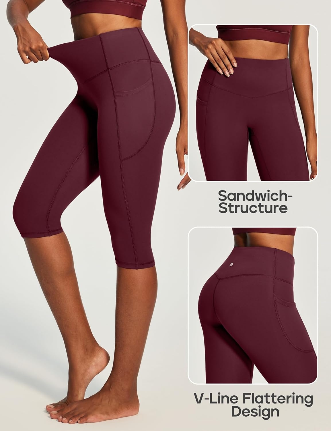 image:imageHeathyoga Capri Leggings with Pockets for Women Tummy Control Knee Length Leggings Yoga Pants Women Capri Pants WorkoutWine