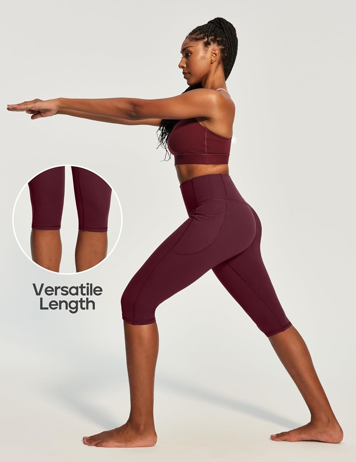 image:imageHeathyoga Capri Leggings with Pockets for Women Tummy Control Knee Length Leggings Yoga Pants Women Capri Pants WorkoutWine