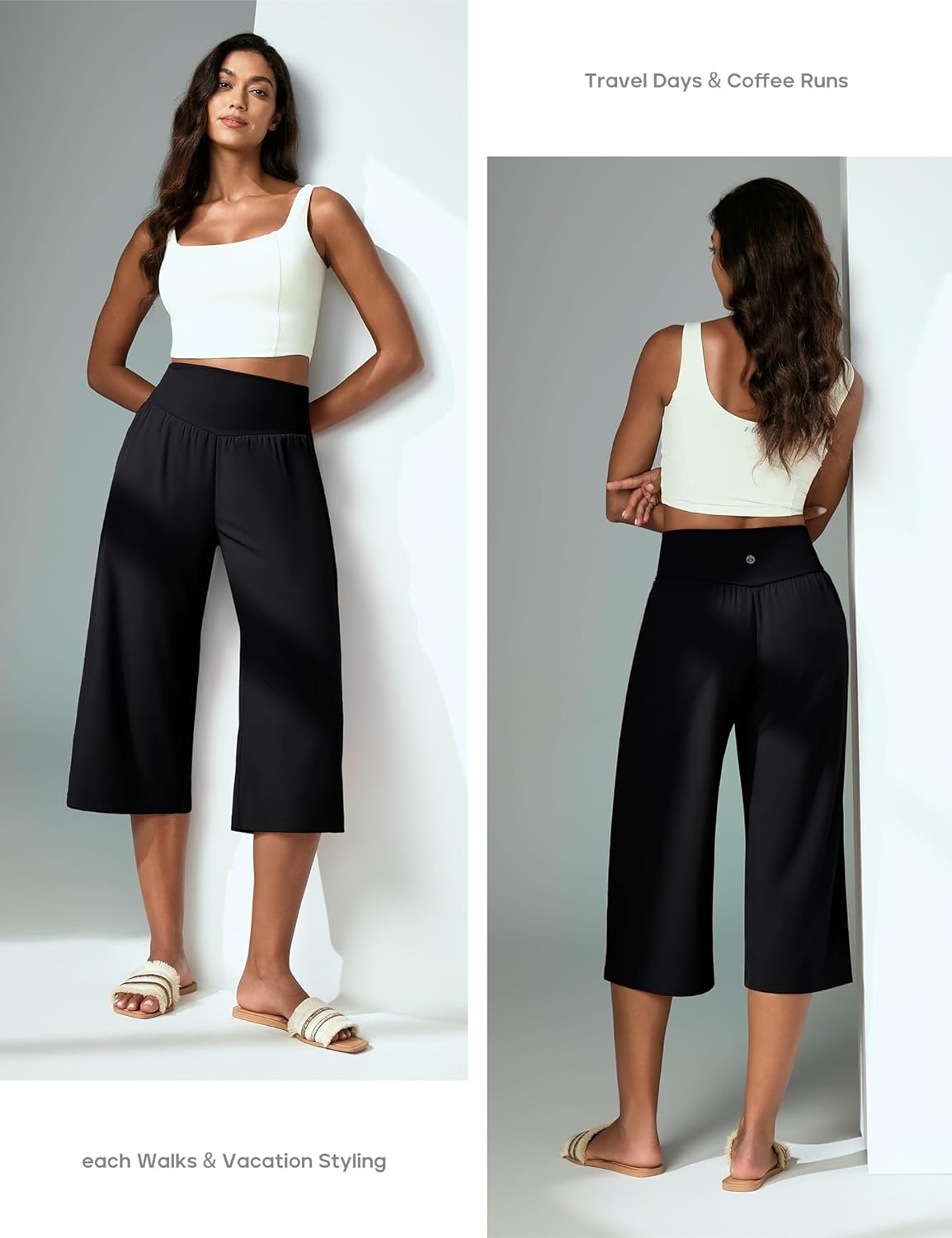 image:imageHeathyoga Capri Pants for Women Wide Leg Casual Pants for Women High Waist Lightweight Capris for Summer with Pockets LoungeBlack
