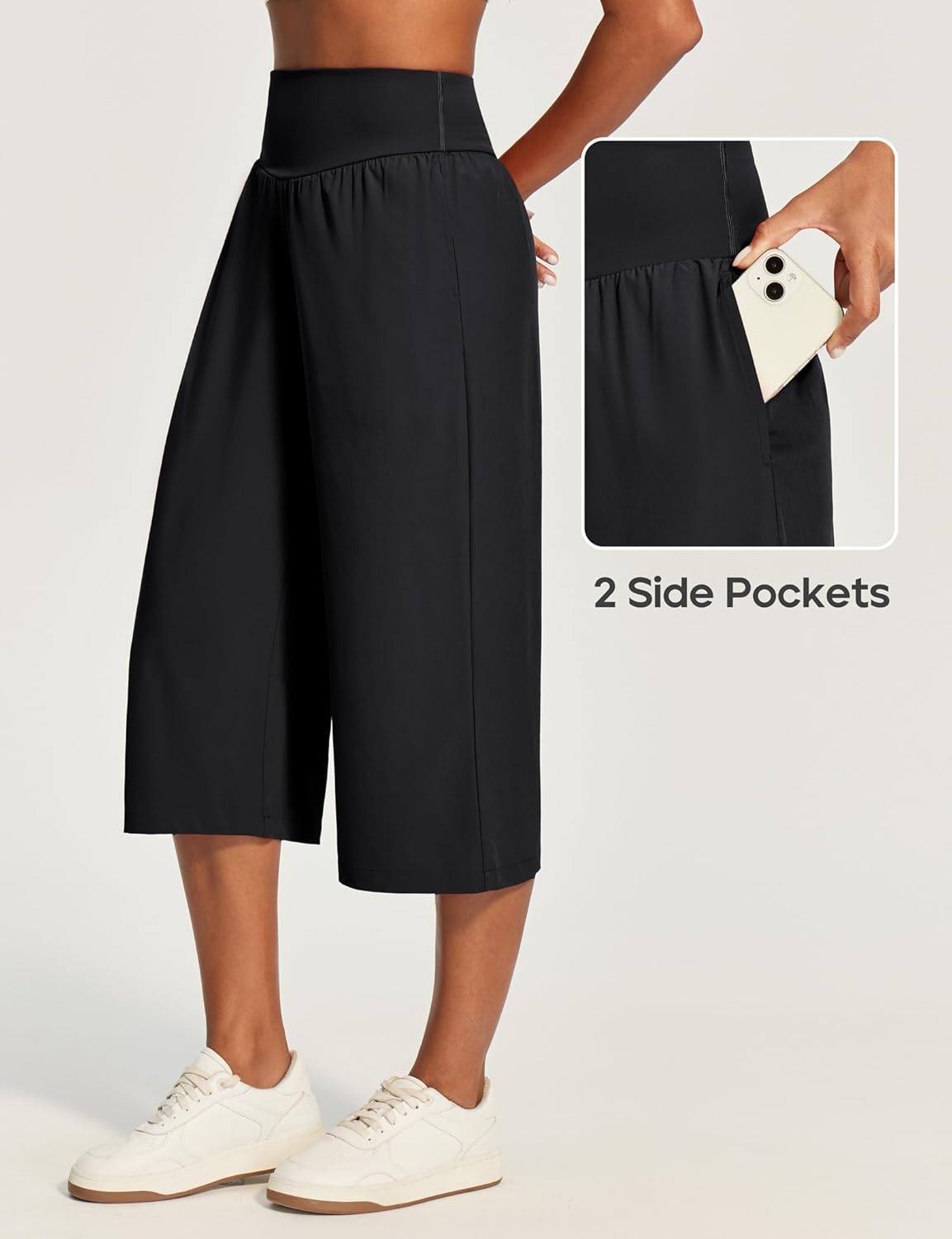 image:imageHeathyoga Capri Pants for Women Wide Leg Casual Pants for Women High Waist Lightweight Capris for Summer with Pockets LoungeBlack