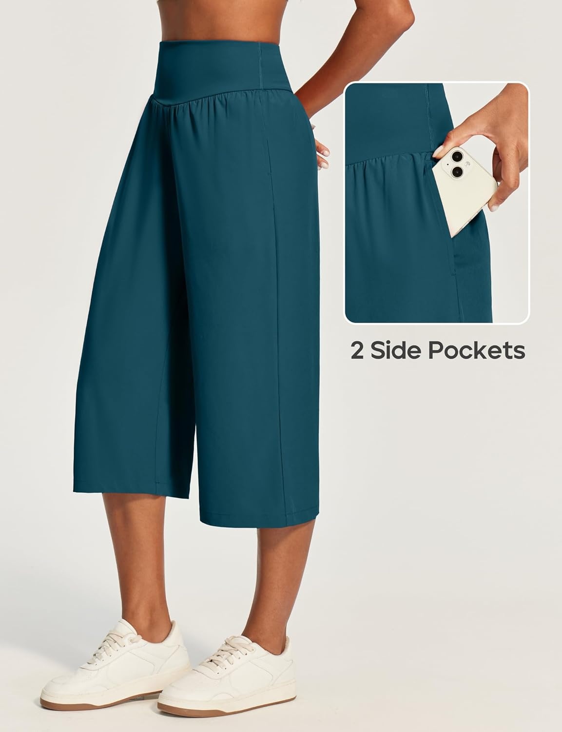 image:imageHeathyoga Capri Pants for Women Wide Leg Casual Pants for Women High Waist Lightweight Capris for Summer with Pockets LoungeBlue
