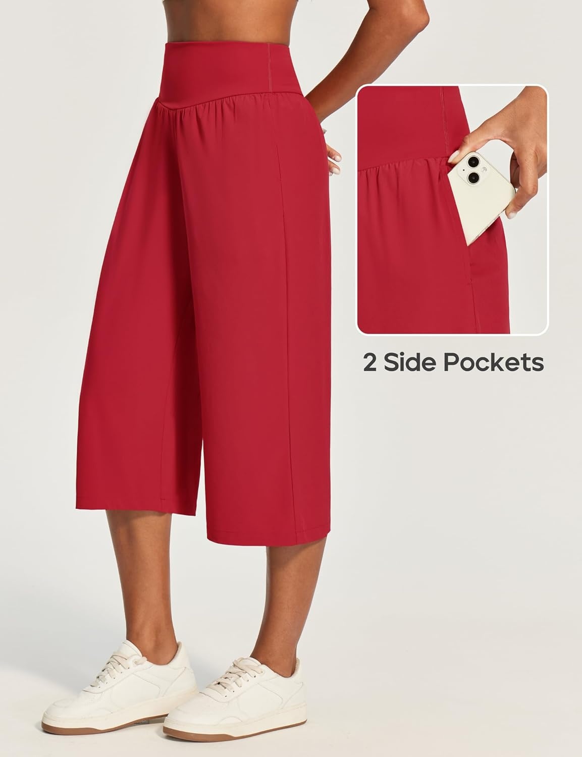 image:imageHeathyoga Capri Pants for Women Wide Leg Casual Pants for Women High Waist Lightweight Capris for Summer with Pockets LoungeRed