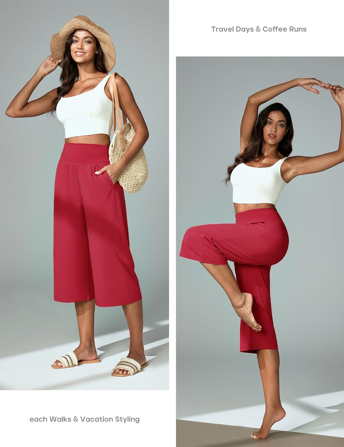 image:imageHeathyoga Capri Pants for Women Wide Leg Casual Pants for Women High Waist Lightweight Capris for Summer with Pockets LoungeRed