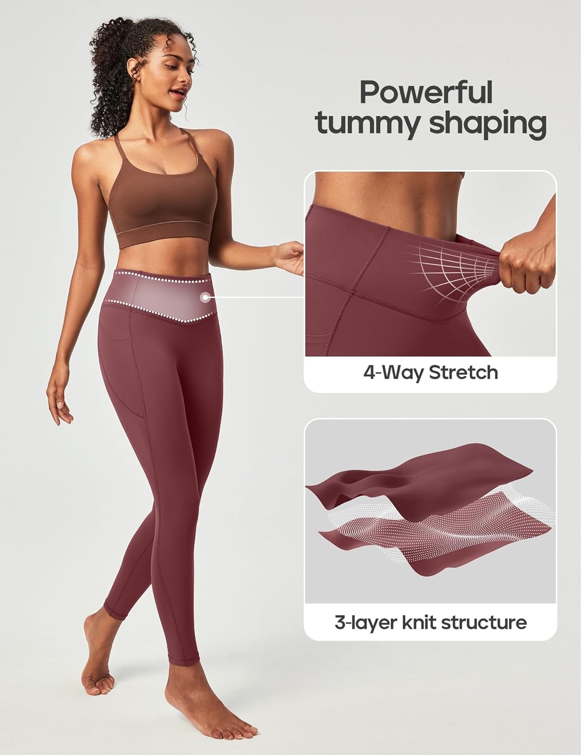 image:imageHeathyoga Compression Leggings for Women Tummy Control No Front Seam Leggings with Pockets for Women Workout Yoga PantsWine