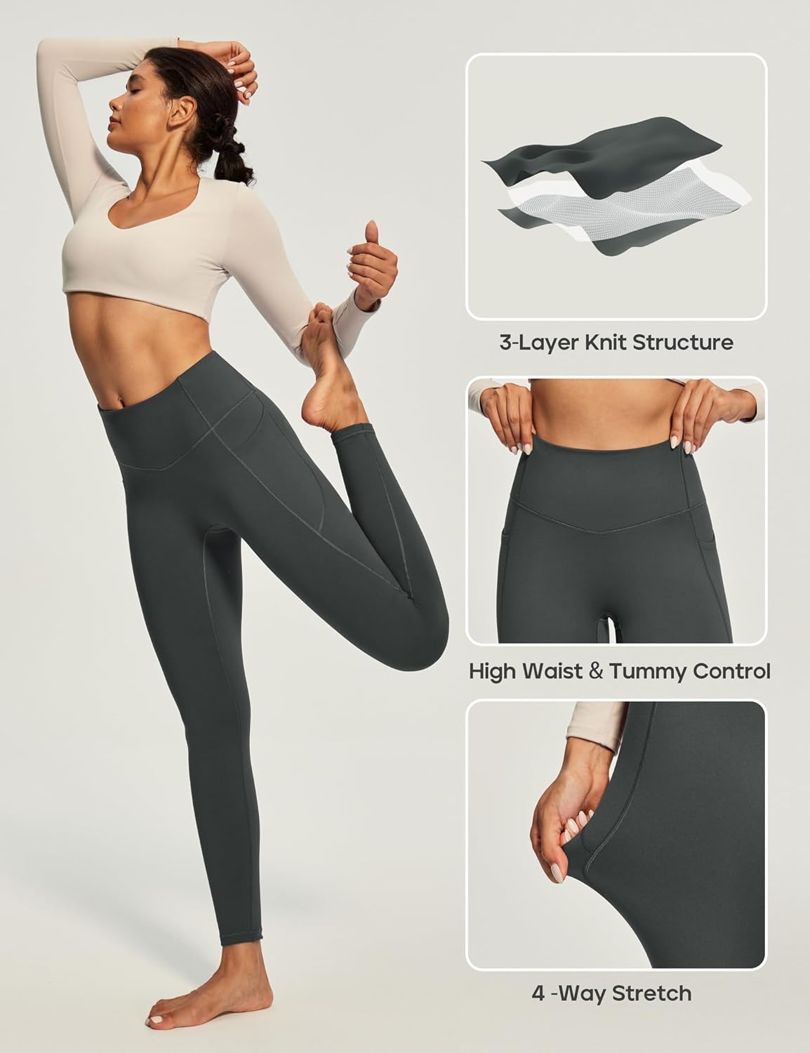 image:imageHeathyoga Fleece Lined Leggings Women with Pockets Thermal Leggings for Women Tummy Control Warm Winter Pants Yoga PantsGray