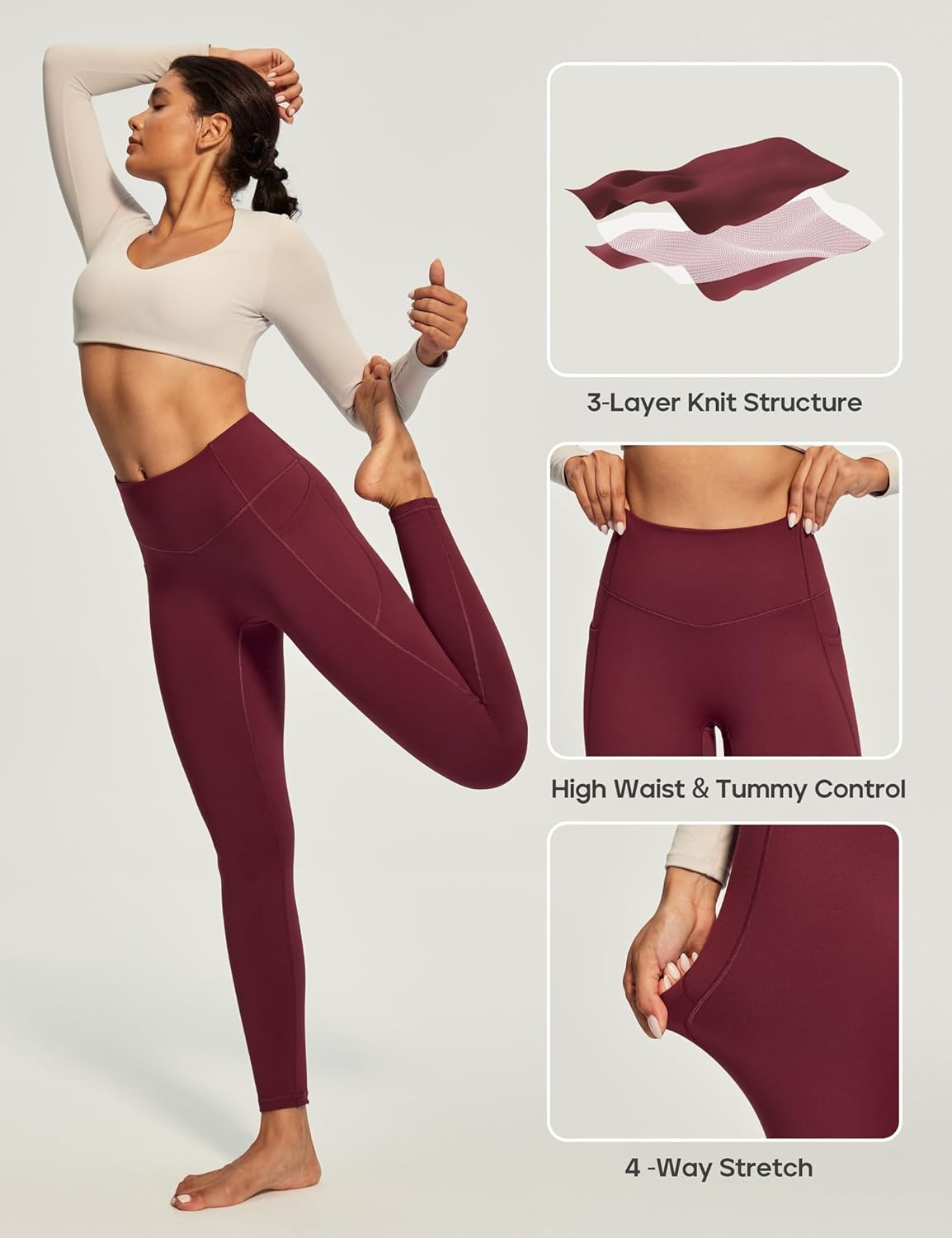 image:imageHeathyoga Fleece Lined Leggings Women with Pockets Thermal Leggings for Women Tummy Control Warm Winter Pants Yoga PantsWine