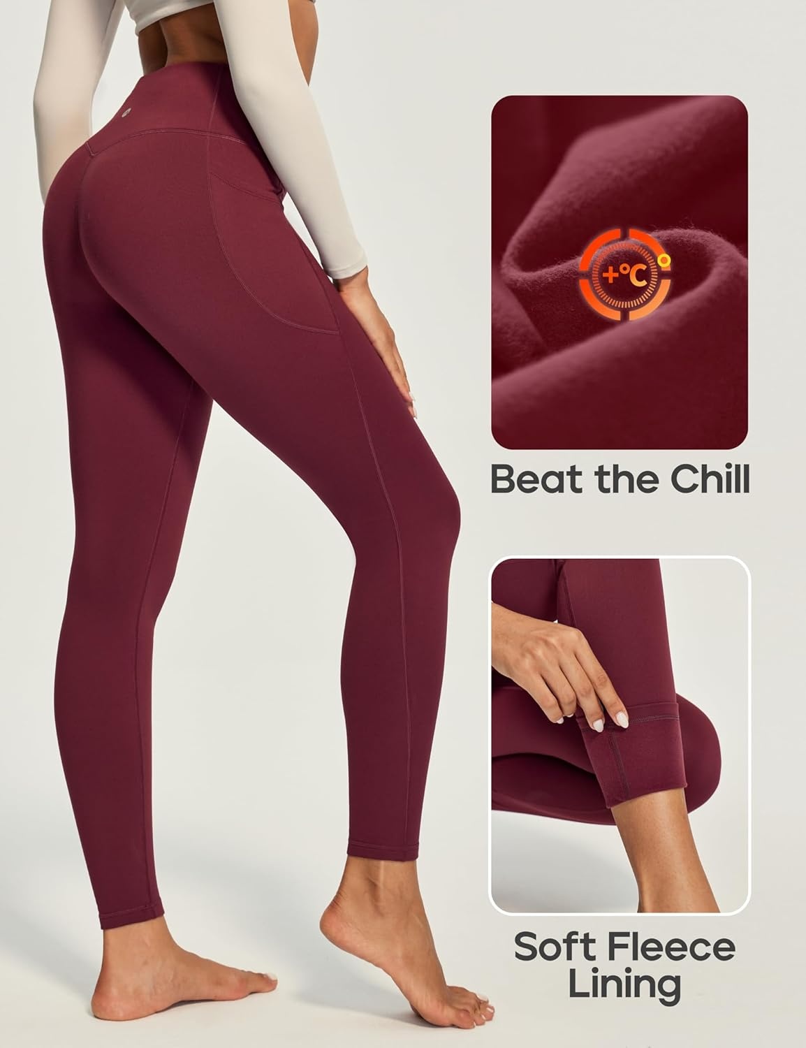 image:imageHeathyoga Fleece Lined Leggings Women with Pockets Thermal Leggings for Women Tummy Control Warm Winter Pants Yoga PantsWine