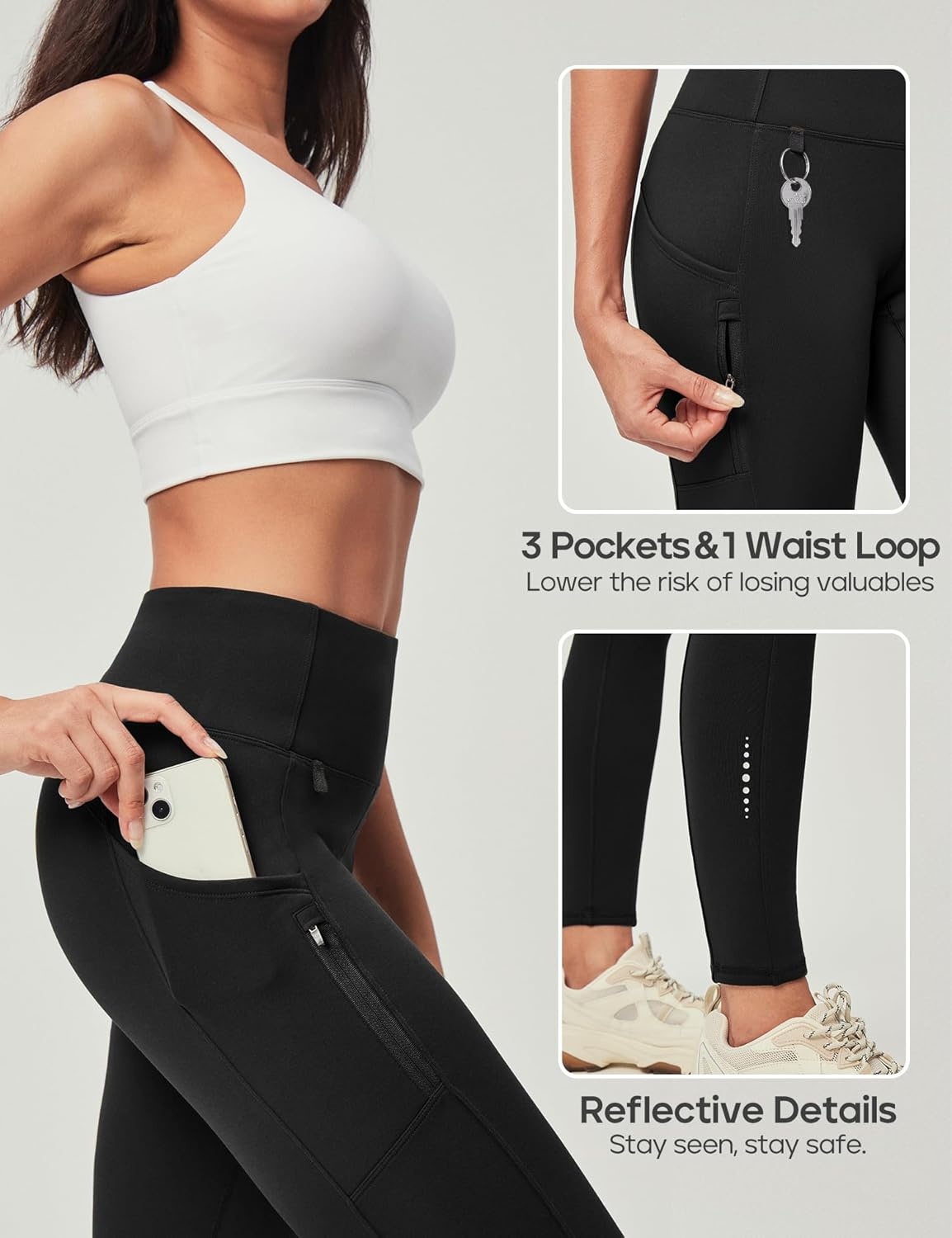 image:imageHeathyoga Fleece Lined Leggings Women with Pockets Waterproof Hiking Pants Women Warm Thermal Leggings Winter Pants RunningBlack