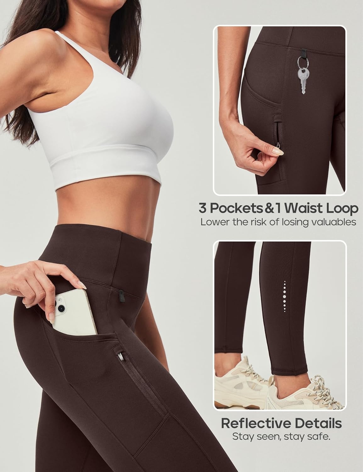 image:imageHeathyoga Fleece Lined Leggings Women with Pockets Waterproof Hiking Pants Women Warm Thermal Leggings Winter Pants RunningChocolate Brown
