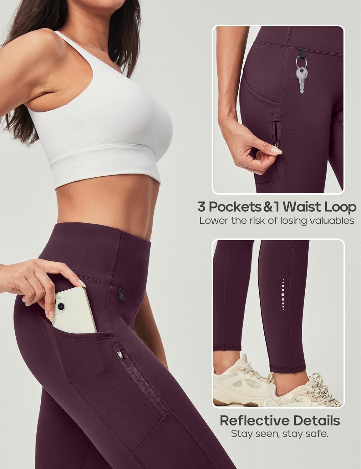 image:imageHeathyoga Fleece Lined Leggings Women with Pockets Waterproof Hiking Pants Women Warm Thermal Leggings Winter Pants RunningDark Purple