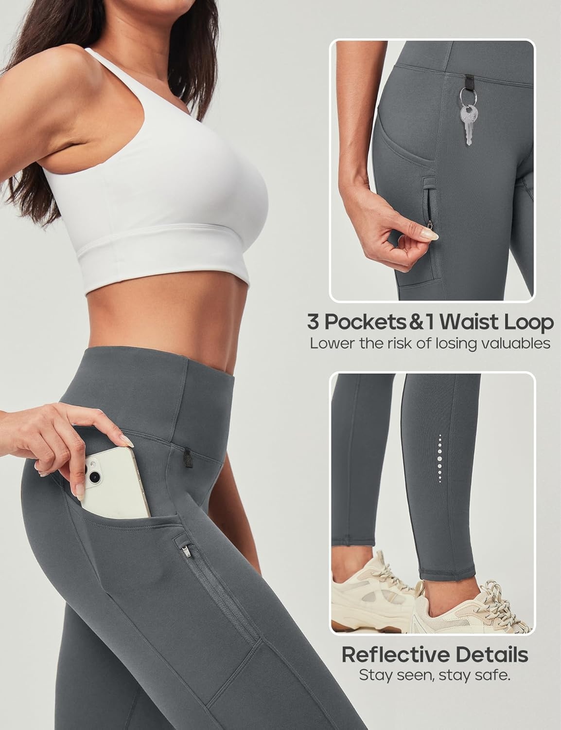 image:imageHeathyoga Fleece Lined Leggings Women with Pockets Waterproof Hiking Pants Women Warm Thermal Leggings Winter Pants RunningGrey