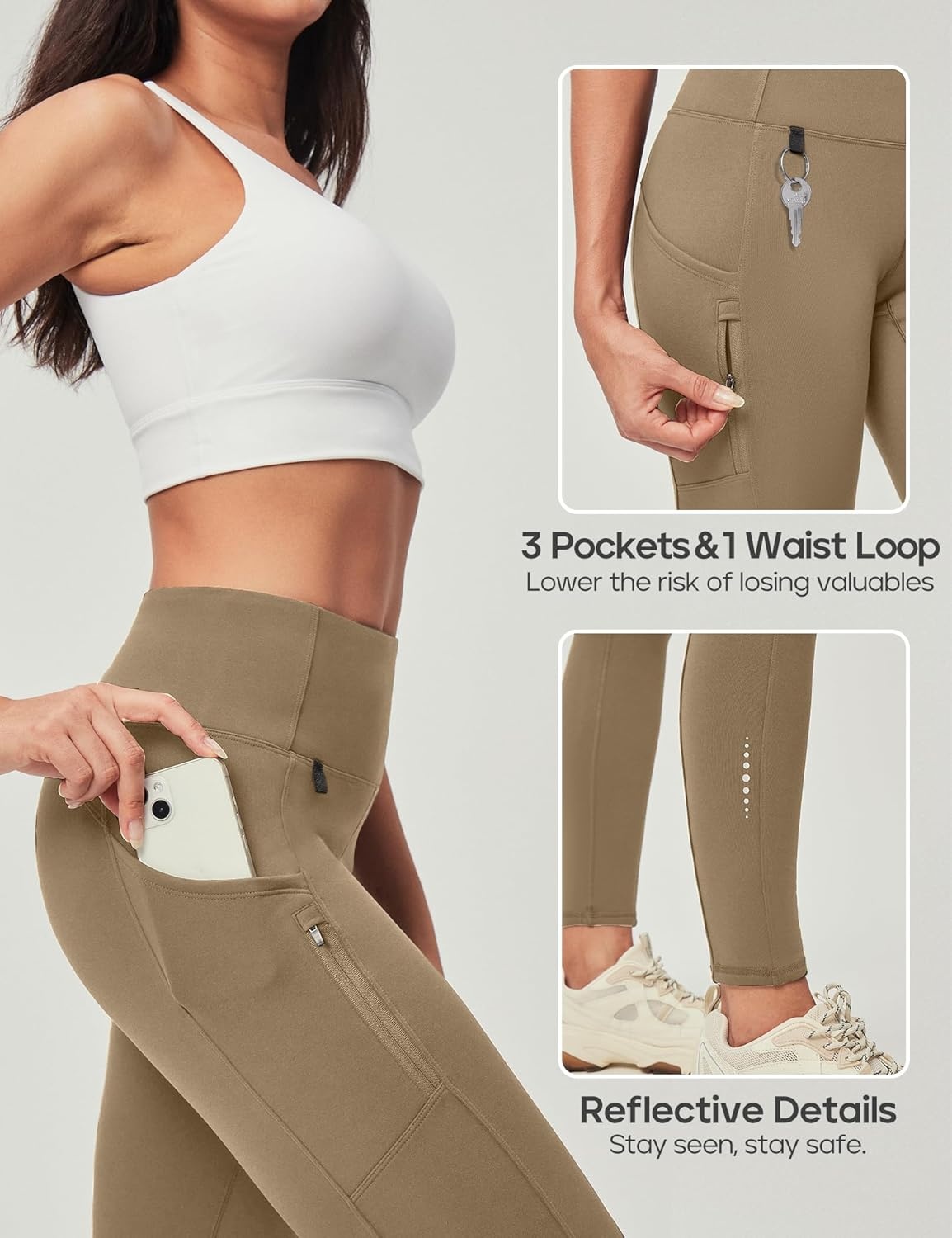 image:imageHeathyoga Fleece Lined Leggings Women with Pockets Waterproof Hiking Pants Women Warm Thermal Leggings Winter Pants RunningKhaki