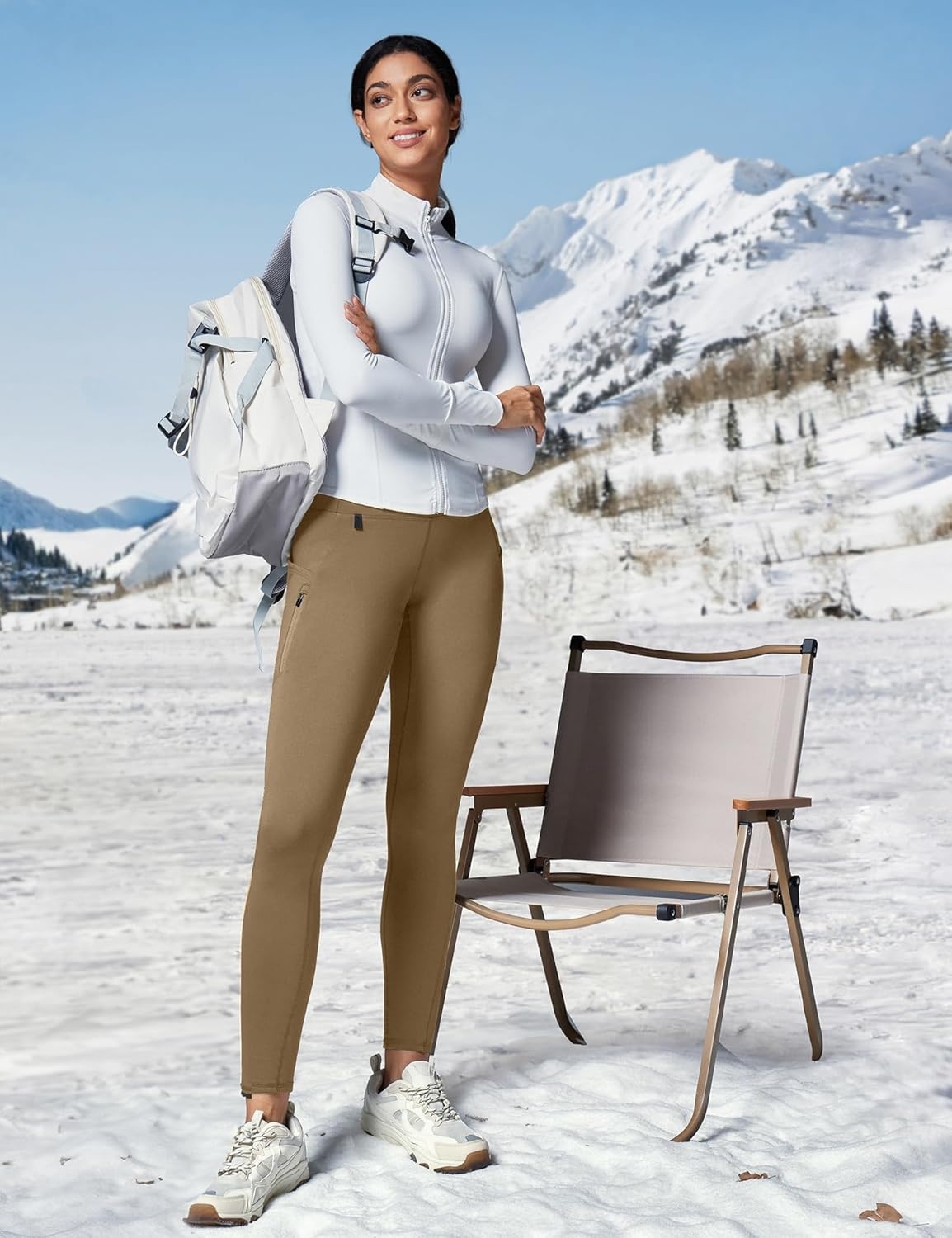 image:imageHeathyoga Fleece Lined Leggings Women with Pockets Waterproof Hiking Pants Women Warm Thermal Leggings Winter Pants RunningKhaki