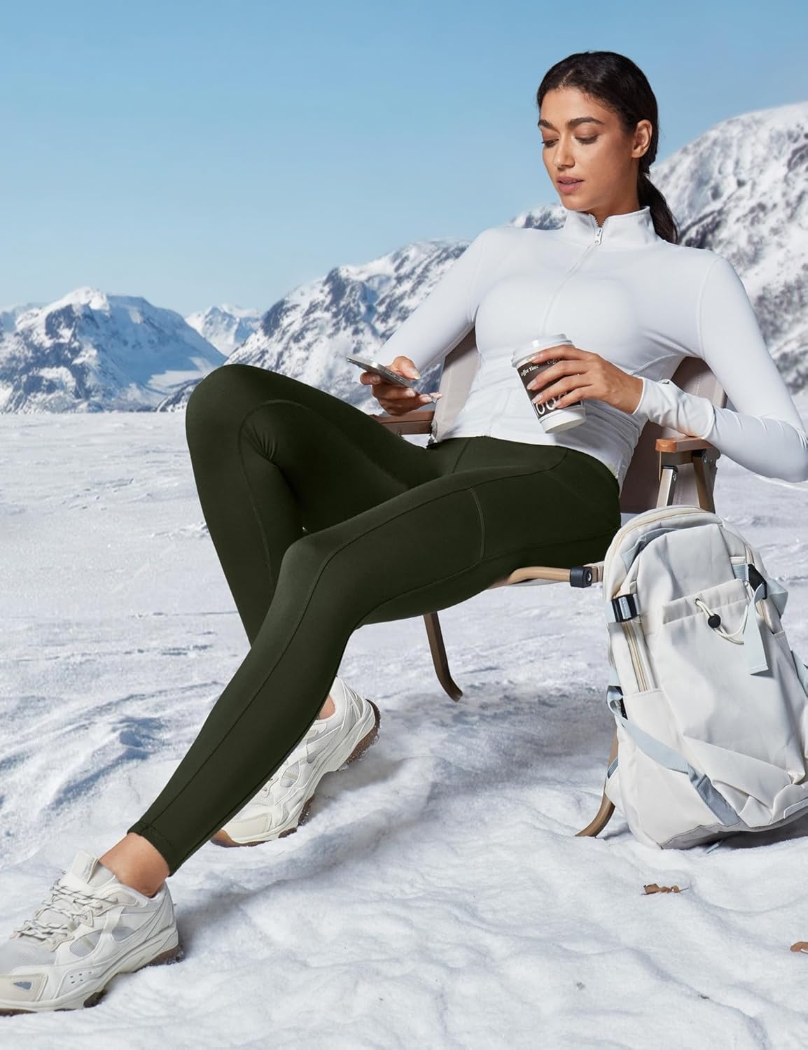 image:imageHeathyoga Fleece Lined Leggings Women with Pockets Waterproof Hiking Pants Women Warm Thermal Leggings Winter Pants RunningLegend Green