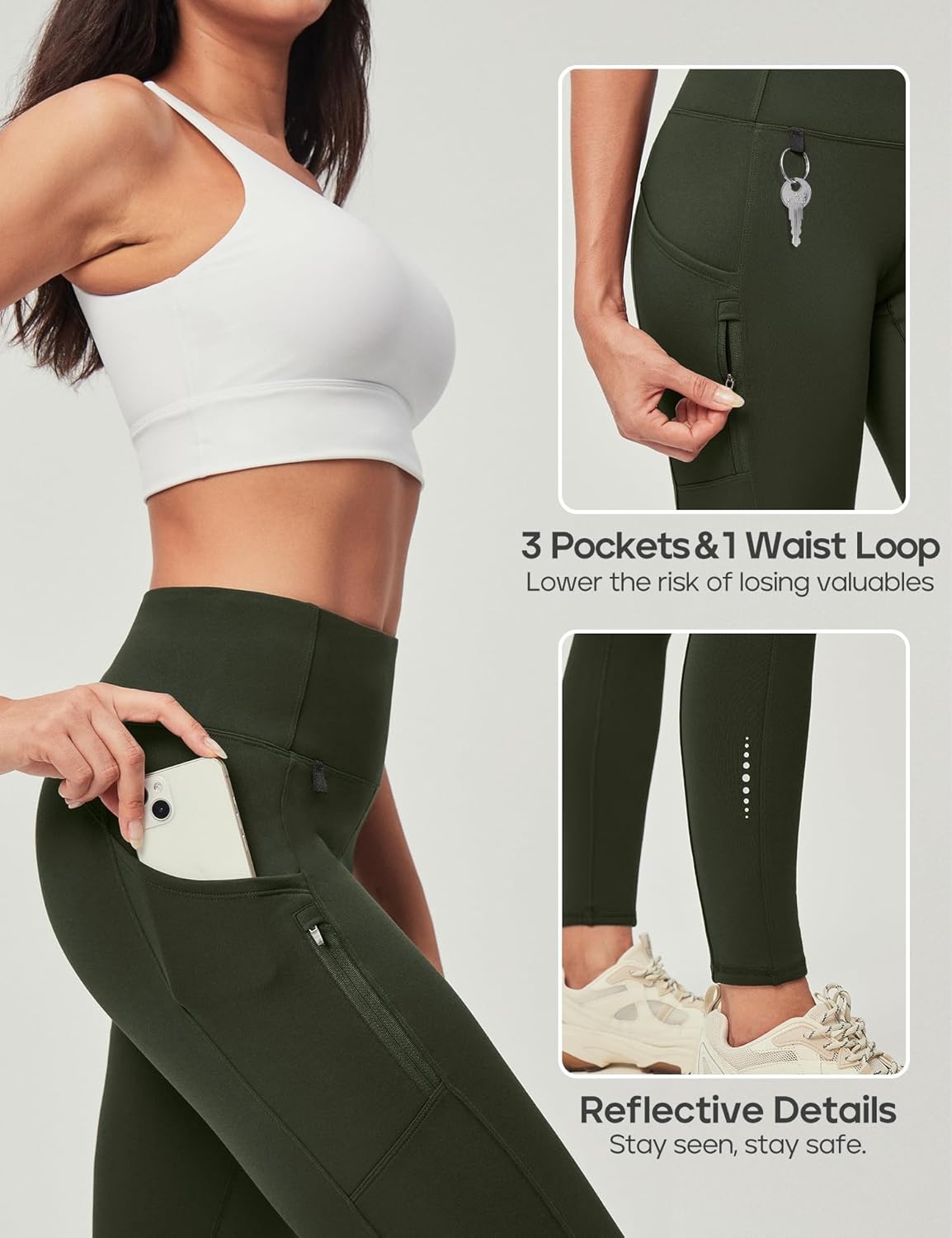 image:imageHeathyoga Fleece Lined Leggings Women with Pockets Waterproof Hiking Pants Women Warm Thermal Leggings Winter Pants RunningLegend Green