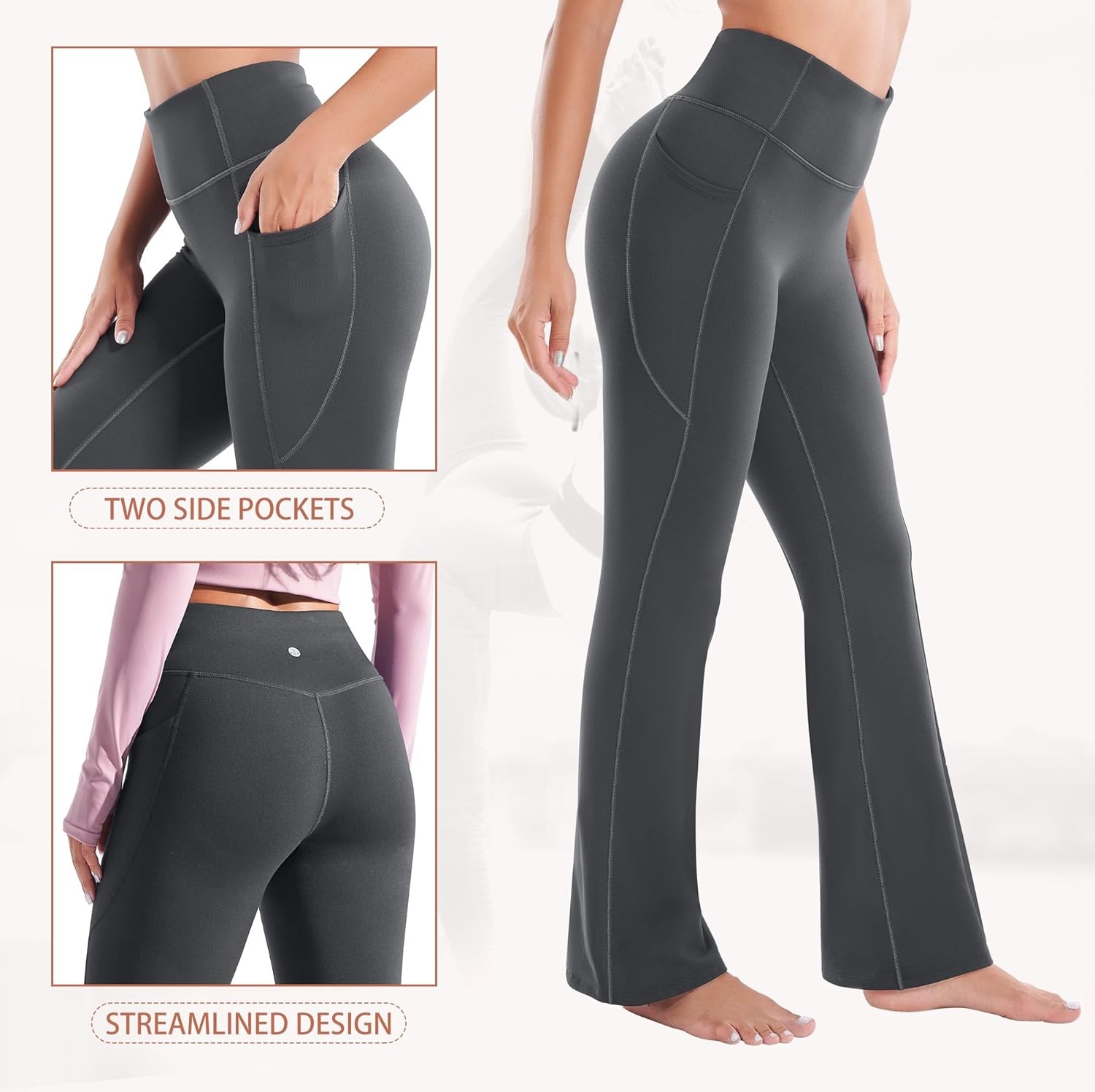 image:imageHeathyoga Fleece Lined Pants Women Yoga Pants with Pockets for Women Thermal Pants High Waist Flare Leggings for WinterGrey