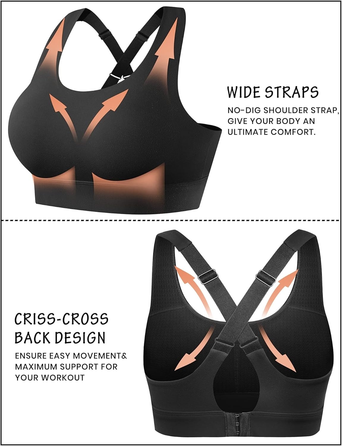 image:imageHeathyoga High Impact Sports Bras for Women High Support Sports Bra Padded Strappy Sports Bras for Running Workout Bras Black