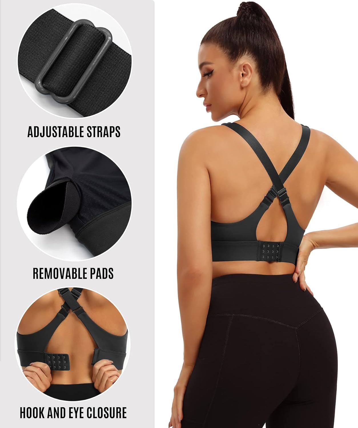image:imageHeathyoga High Impact Sports Bras for Women High Support Sports Bra Padded Strappy Sports Bras for Running Workout Bras Black