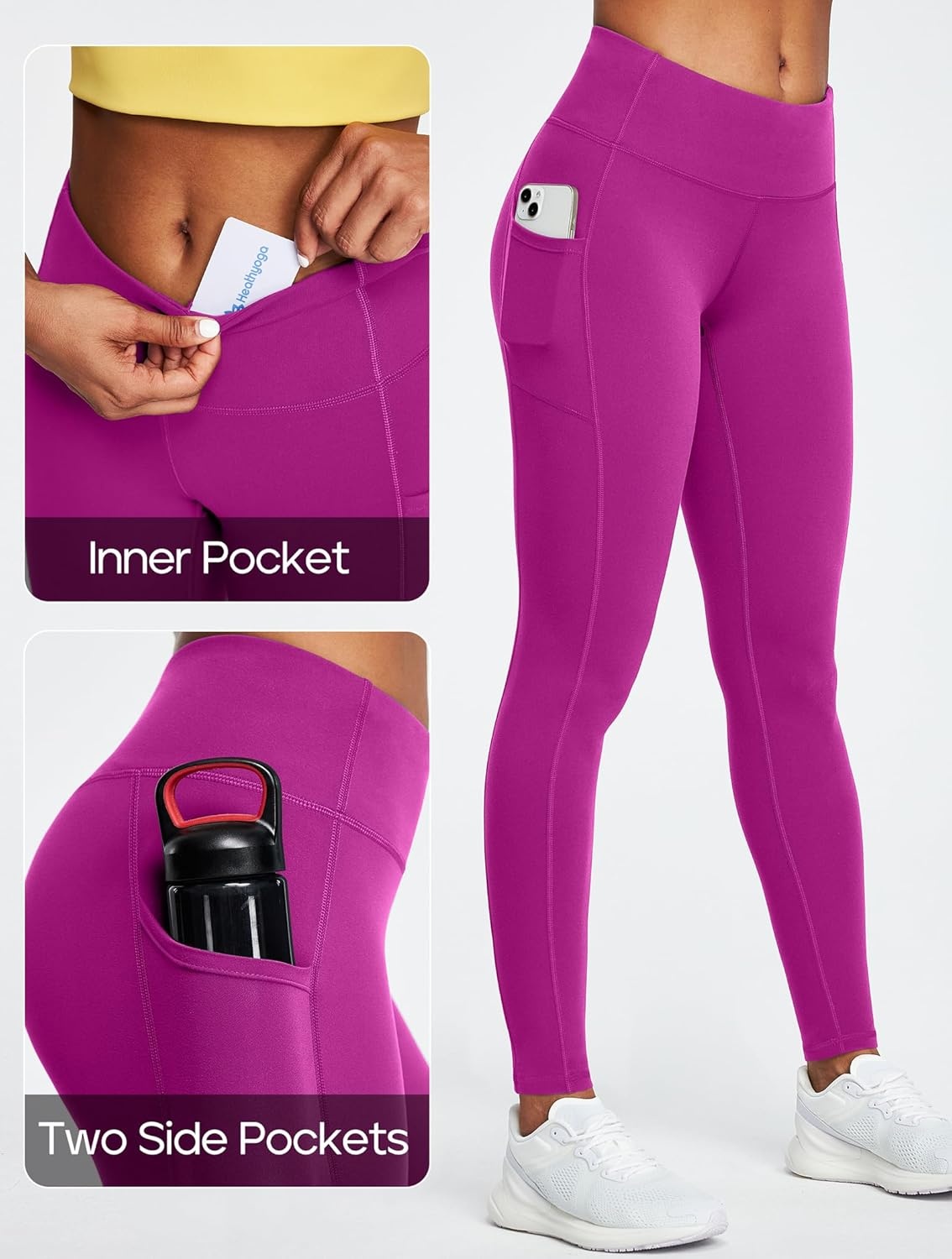 image:imageHeathyoga Leggings with Pockets for Women Tummy Control High Waisted Yoga Pants with Pockets for Women Compression LeggingsDeep Magenta