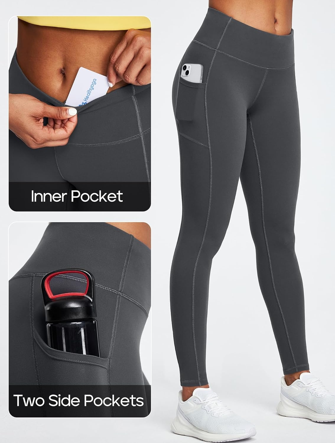 image:imageHeathyoga Leggings with Pockets for Women Tummy Control High Waisted Yoga Pants with Pockets for Women Compression LeggingsGrey