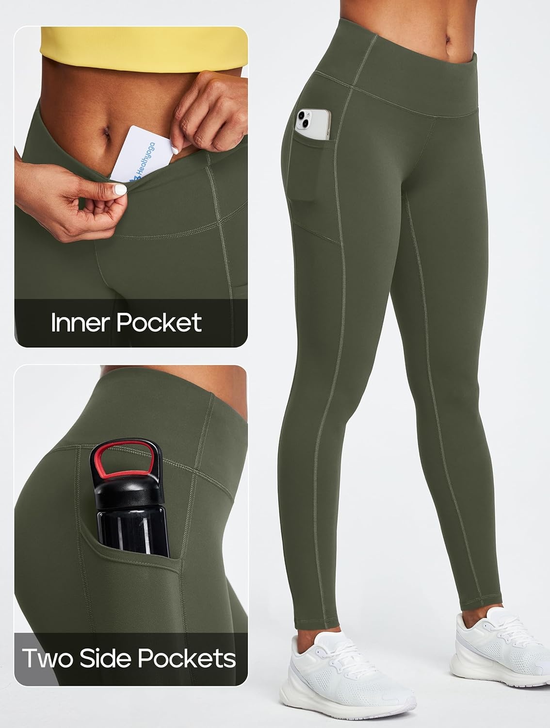 image:imageHeathyoga Leggings with Pockets for Women Tummy Control High Waisted Yoga Pants with Pockets for Women Compression LeggingsOlive Green