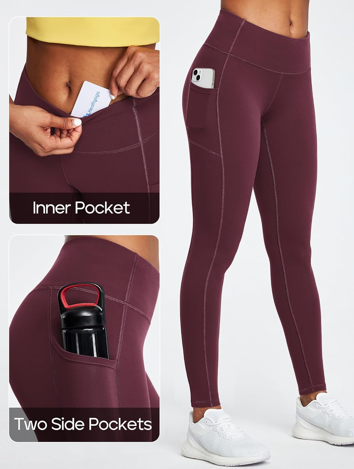 image:imageHeathyoga Leggings with Pockets for Women Tummy Control High Waisted Yoga Pants with Pockets for Women Compression LeggingsWine