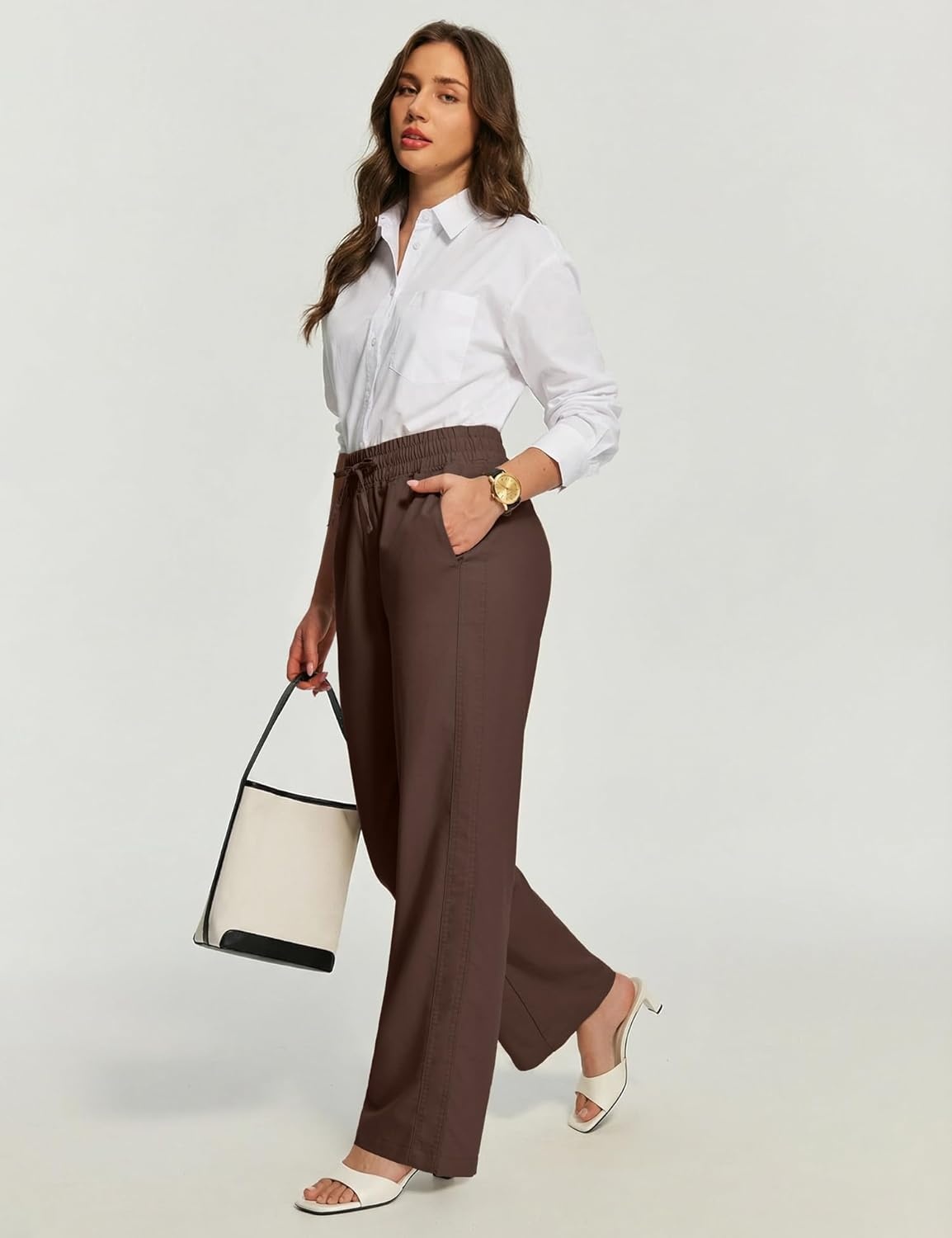 image:imageHeathyoga Linen Pants Women Summer Cotton Beach Pants for Women Casual Wide Leg Palazzo Pants Drawstring Vacation OutfitsBrown