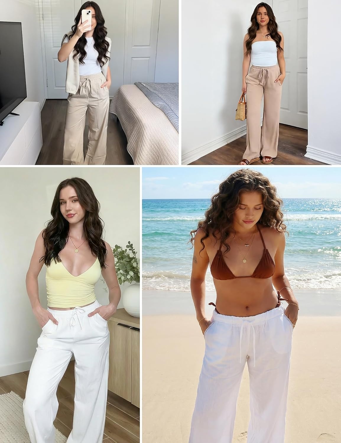 image:imageHeathyoga Linen Pants Women Summer Cotton Beach Pants for Women Casual Wide Leg Palazzo Pants Drawstring Vacation OutfitsBrown
