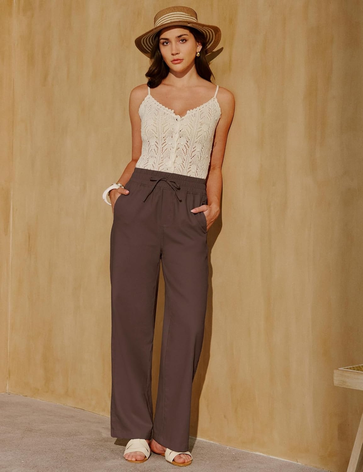image:imageHeathyoga Linen Pants Women Summer Cotton Beach Pants for Women Casual Wide Leg Palazzo Pants Drawstring Vacation OutfitsBrown