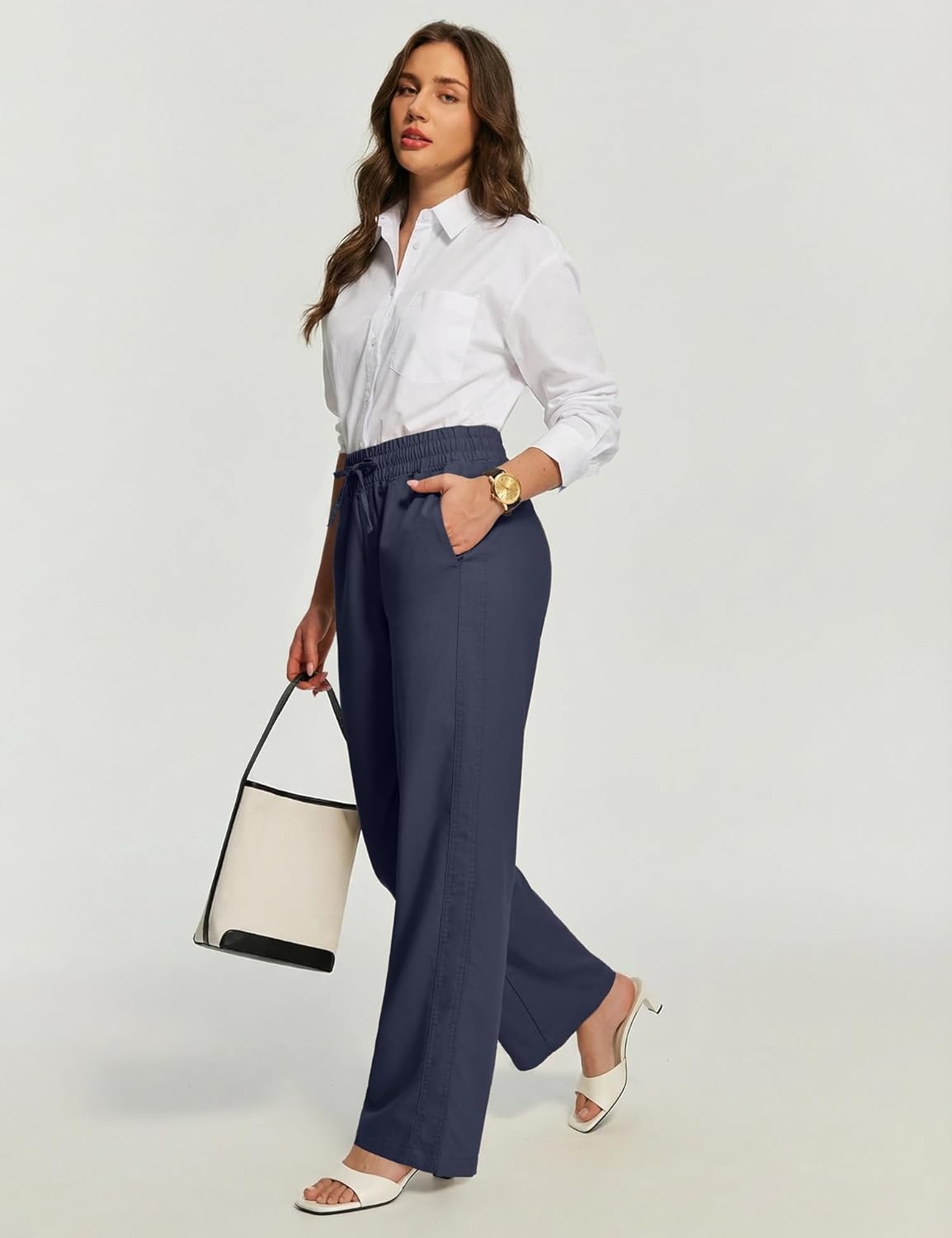 image:imageHeathyoga Linen Pants Women Summer Cotton Beach Pants for Women Casual Wide Leg Palazzo Pants Drawstring Vacation OutfitsDark Blue