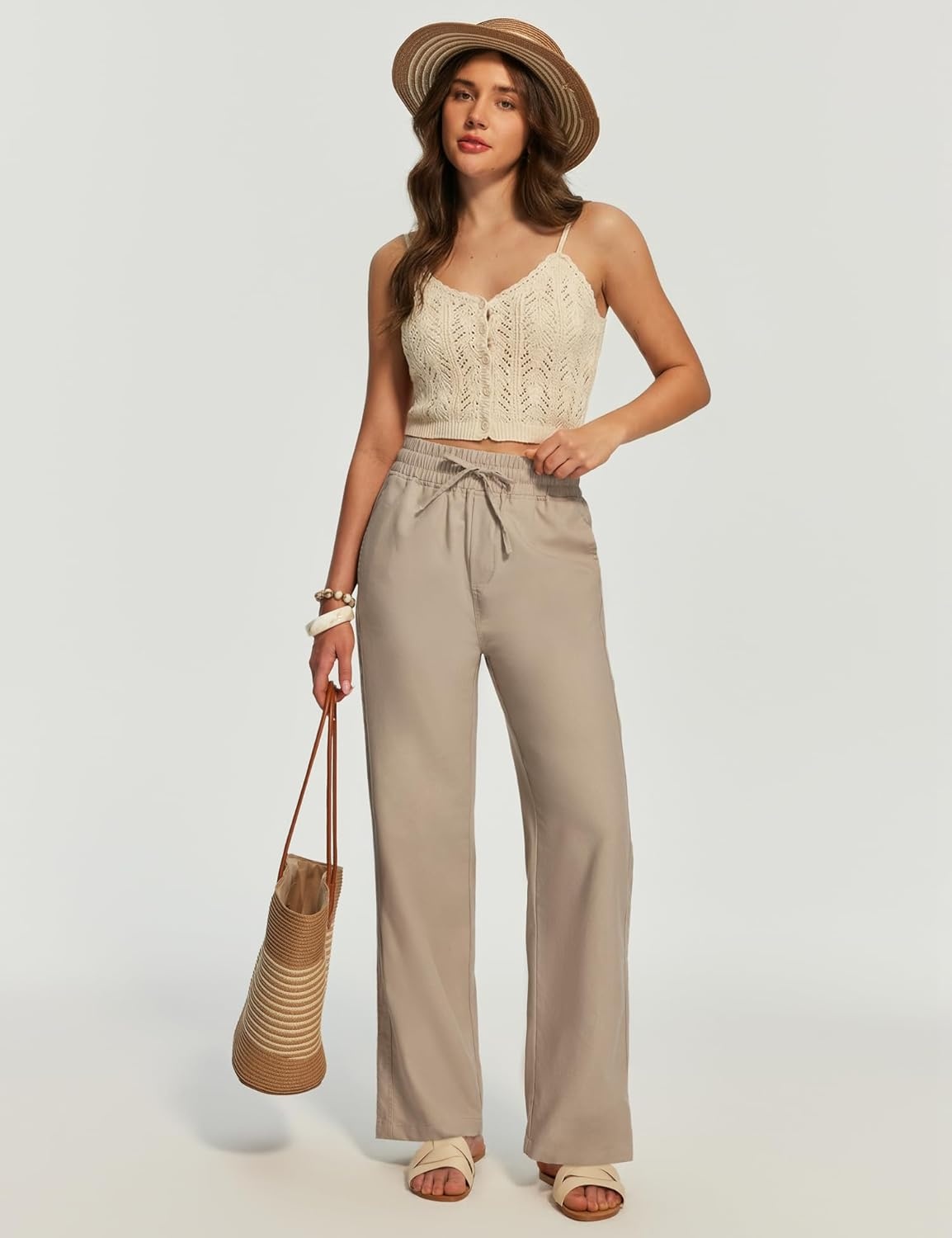 image:imageHeathyoga Linen Pants Women Summer Cotton Beach Pants for Women Casual Wide Leg Palazzo Pants Drawstring Vacation OutfitsKhaki