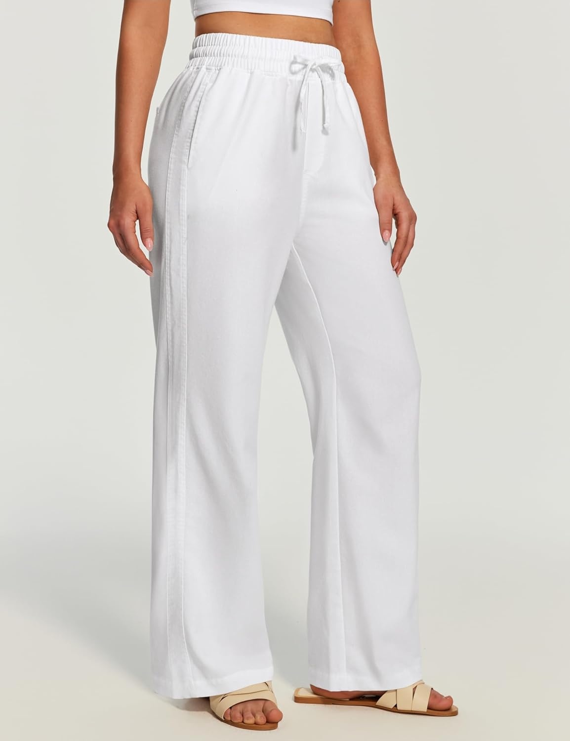 image:imageHeathyoga Linen Pants Women Summer Cotton Beach Pants for Women Casual Wide Leg Palazzo Pants Drawstring Vacation OutfitsWhite