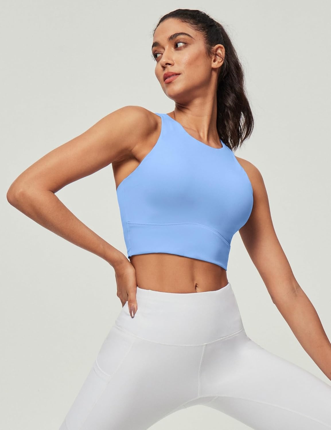 image:imageHeathyoga Longline Sports Bras for Women High Neck Tank Tops with Built in Bras Workout Tops for Women Racerback Yoga BraLight Blue