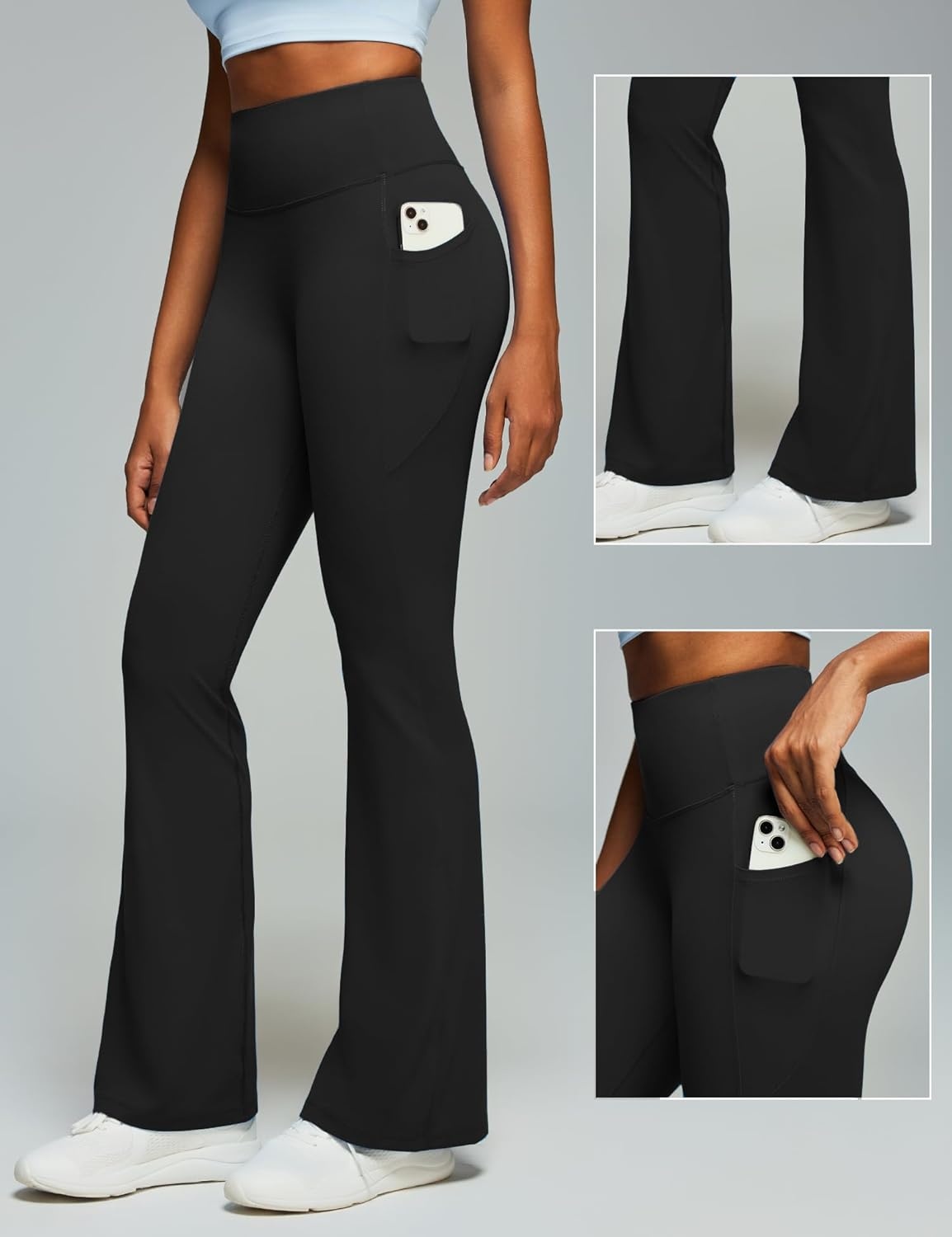 image:imageHeathyoga Mini Flare Leggings for Women Scrunch Butt Lifting Leggings with Pockets for Women No Front Seam Flared Yoga PantsBlack