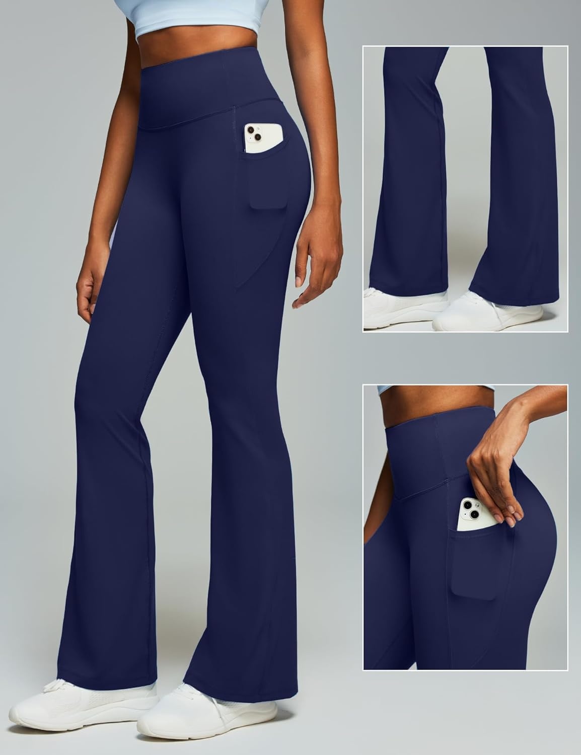 image:imageHeathyoga Mini Flare Leggings for Women Scrunch Butt Lifting Leggings with Pockets for Women No Front Seam Flared Yoga PantsNavy Blue
