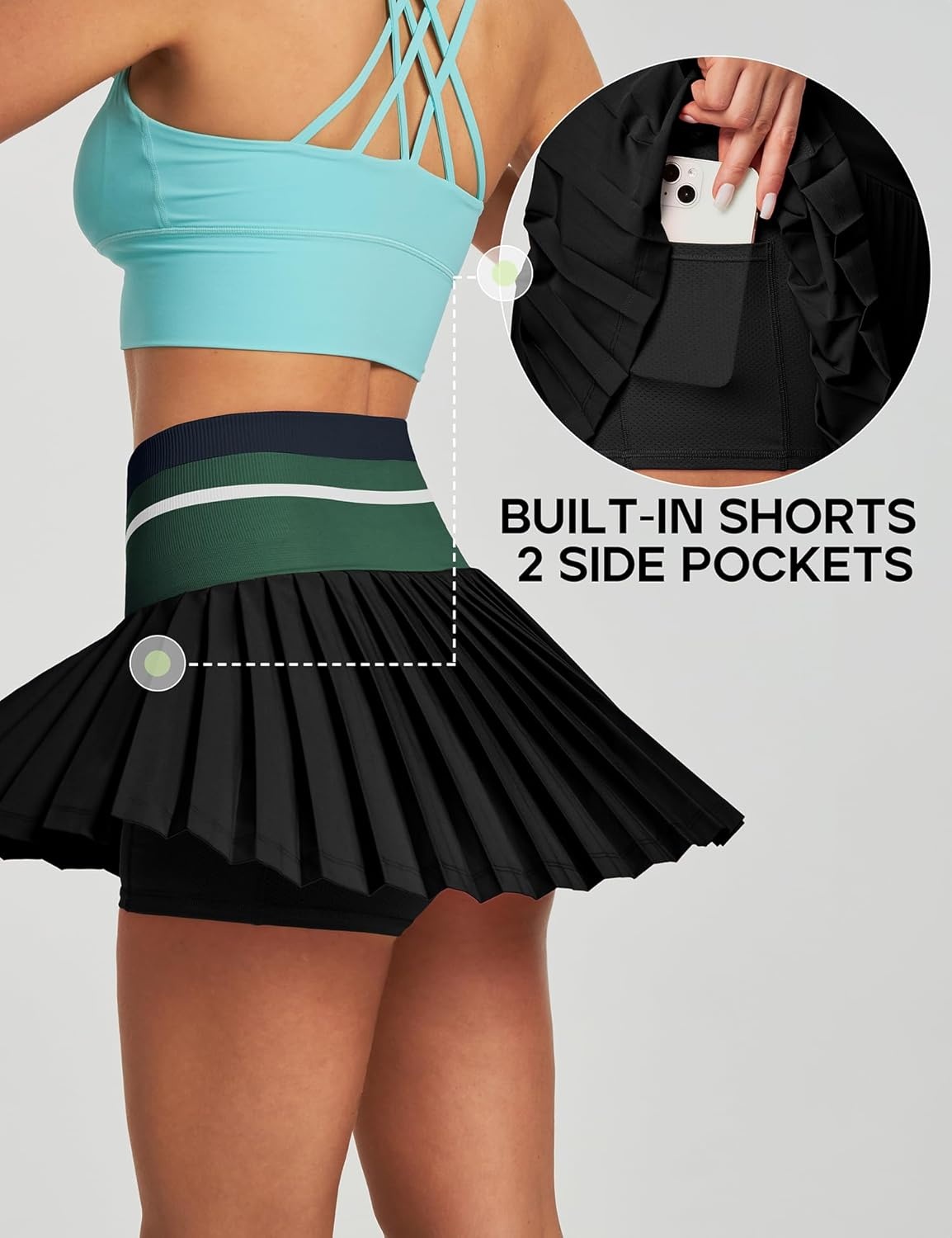 image:imageHeathyoga Pleated Tennis Skirt with Pockets for Women Tennis Skort for Woman High Waisted Golf Skirts Athletic SkirtBlack Green