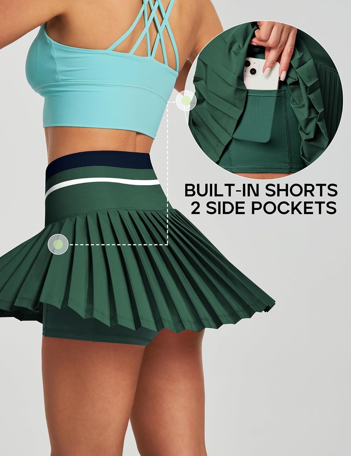 image:imageHeathyoga Pleated Tennis Skirt with Pockets for Women Tennis Skort for Woman High Waisted Golf Skirts Athletic SkirtField Green