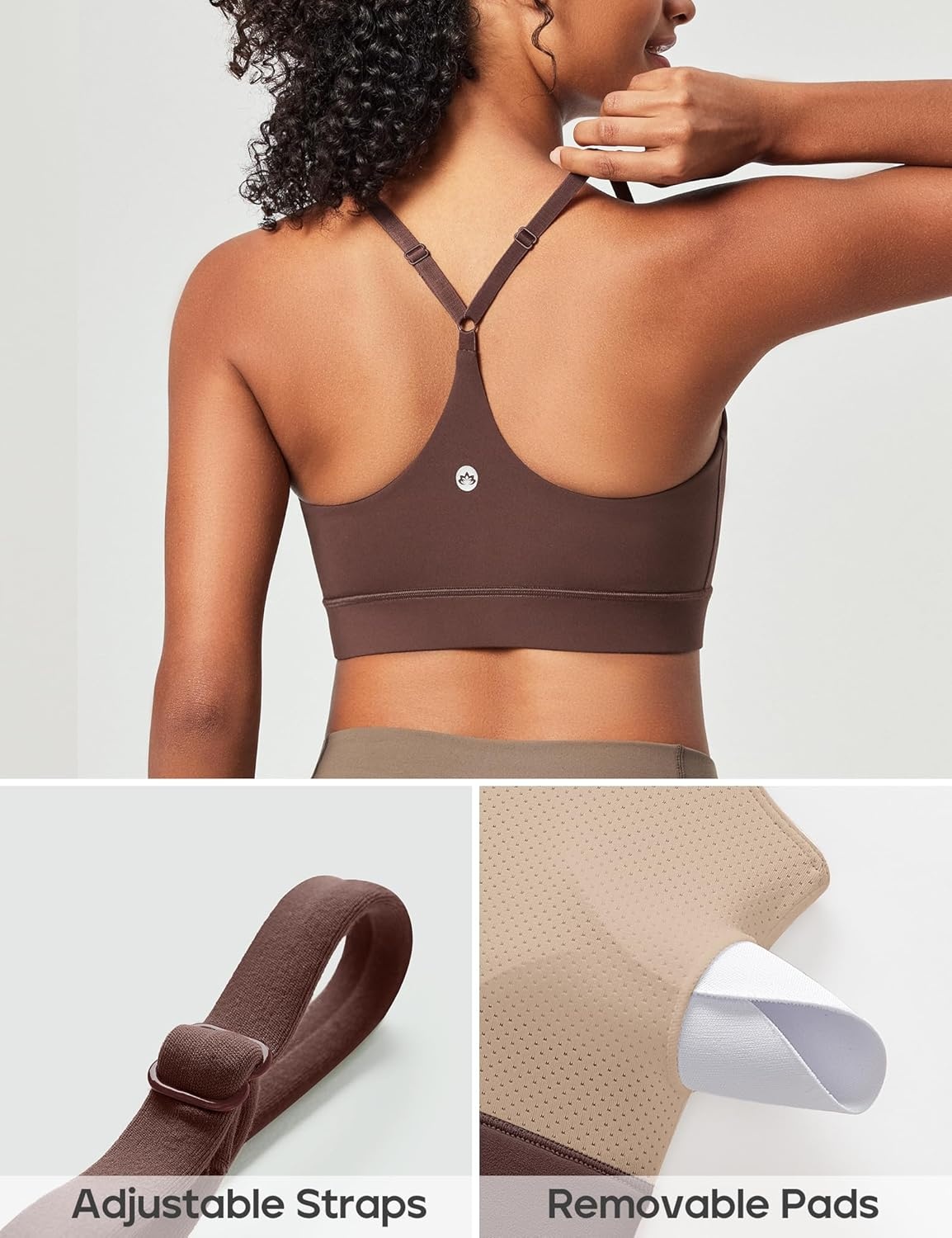 image:imageHeathyoga Sports Bras for Women Adjustable Strappy Sports Bra YBack Low Impact Racerback Workout Bra with Removable PadsBrown