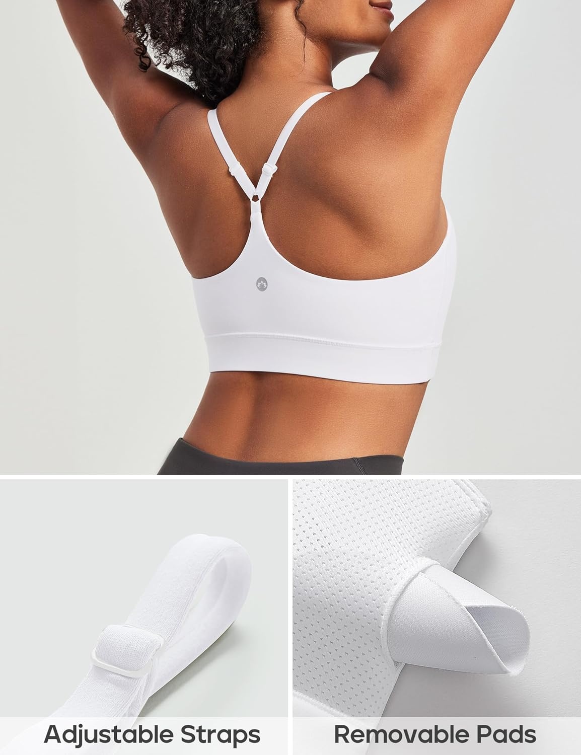 image:imageHeathyoga Sports Bras for Women Adjustable Strappy Sports Bra YBack Low Impact Racerback Workout Bra with Removable PadsWhite