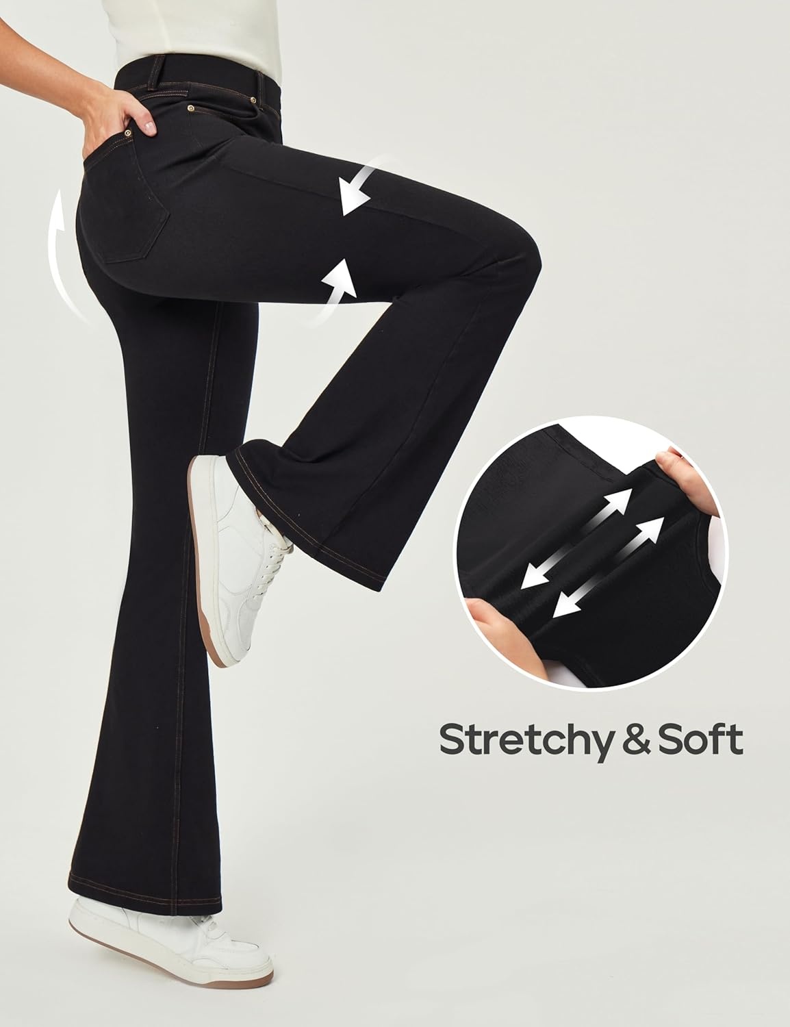 image:imageHeathyoga Stretchy Bell Bottom Jeans for Women Trendy Pull On Bootcut Flare Jean Leggings Jeggings for Women with PocketsBlack