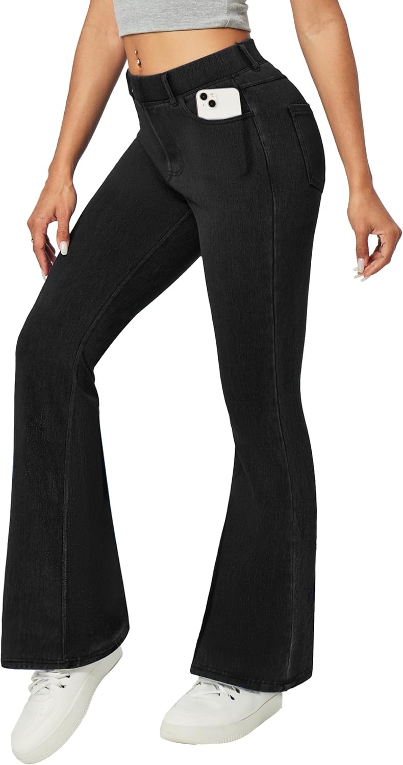 image:imageHeathyoga Stretchy Bell Bottom Jeans for Women Trendy Pull On Bootcut Flare Jean Leggings Jeggings for Women with PocketsBlack