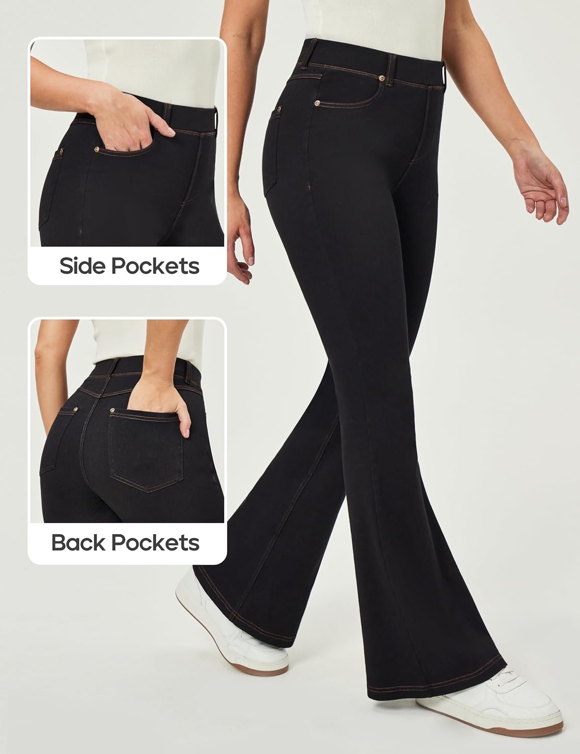 image:imageHeathyoga Stretchy Bell Bottom Jeans for Women Trendy Pull On Bootcut Flare Jean Leggings Jeggings for Women with PocketsBlack